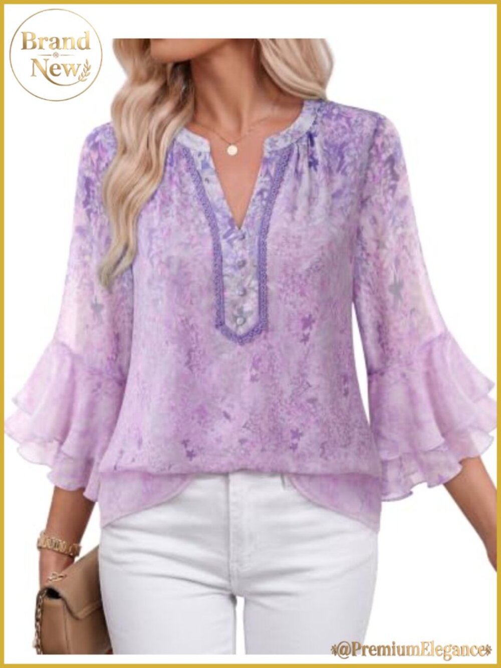 Chiffon Blouse Ruffle Sleeve Embroidered V-Neck Layered Top